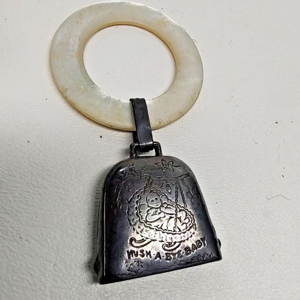 Antique Sterling Silver Mother of Pearl Baby Rattle Teething Ring 3" Tall